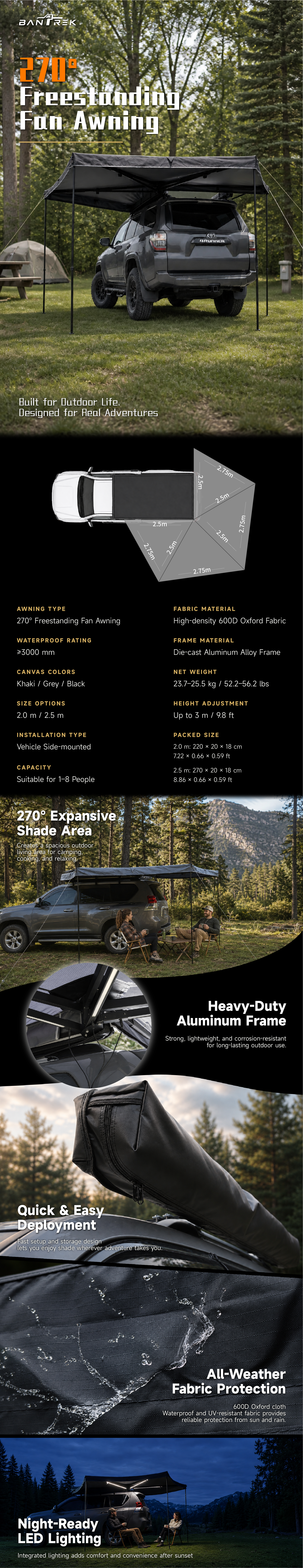 270° Wraparound Vehicle Awning · Standard Series PVC version — full specification