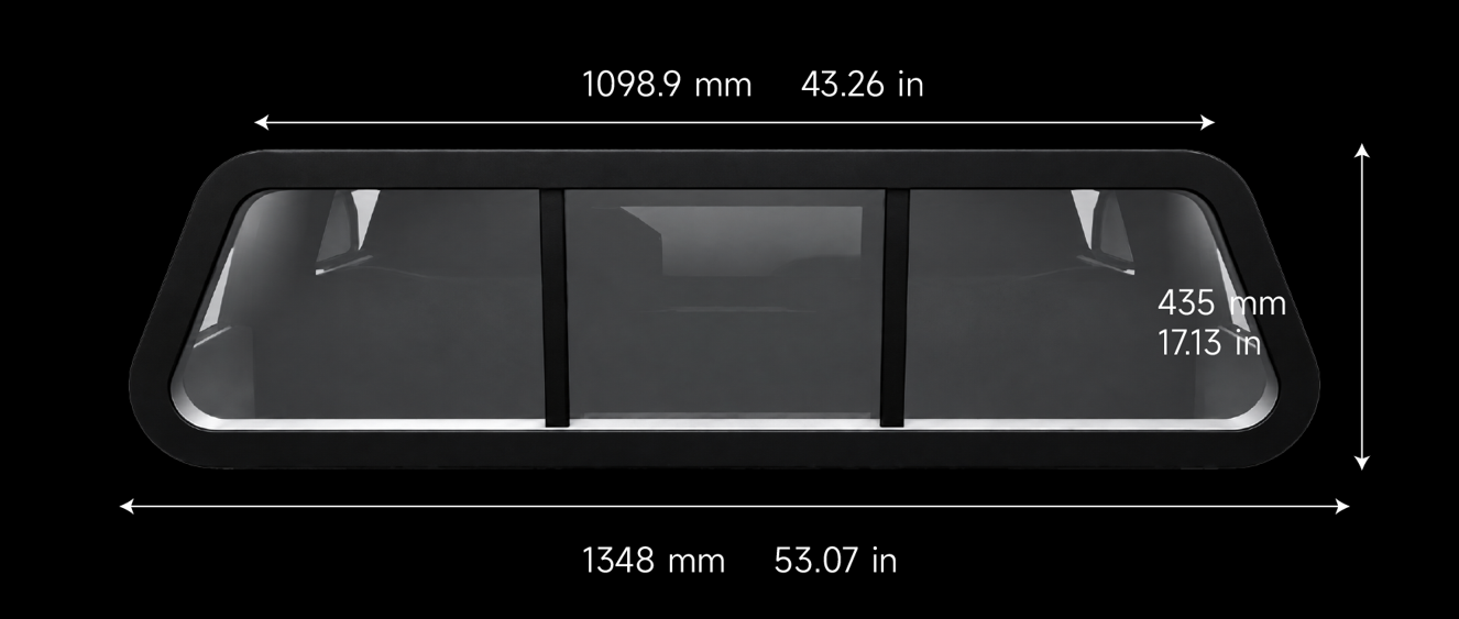 Enlarged front window dimensions upper width 1098.9mm lower width 1348mm height 435mm