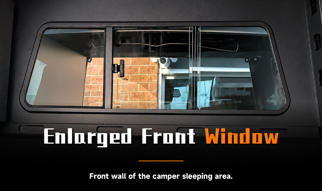 BANTREK enlarged front window panoramic view on camper sleeping area front wall