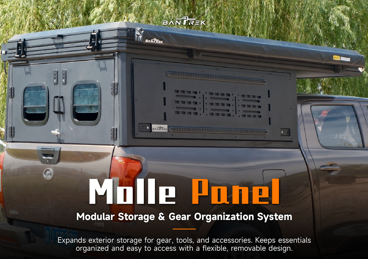 BANTREK exterior MOLLE panel installed on pickup camper side wall for modular gear storage