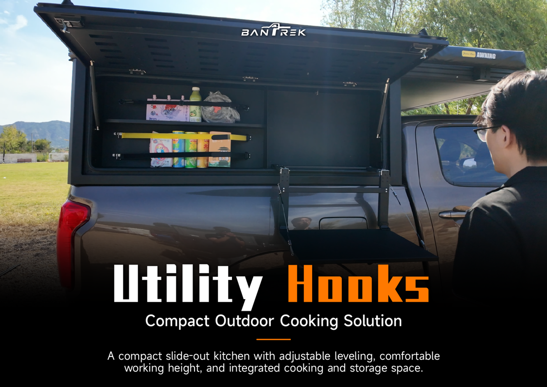 BANTREK slide-out kitchen installed on pickup camper with storage shelf and fold-down table