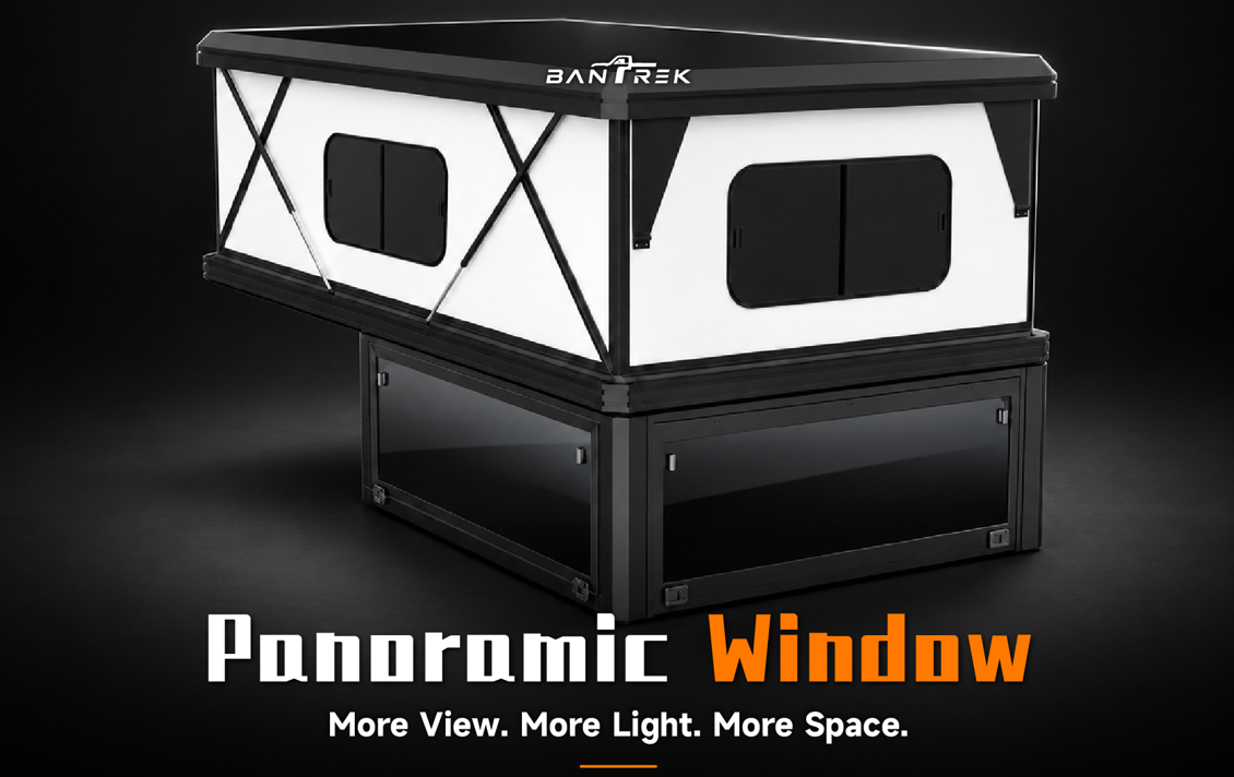 BANTREK panoramic window 3D render of camper with large black glass windows on base frame