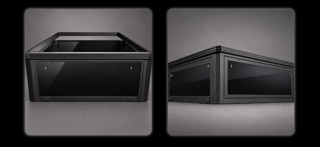 Black panoramic window frame product detail showing front and corner construction