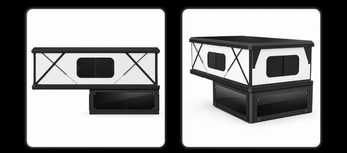 Panoramic window installed on camper front and angled views showing wide black glass panels