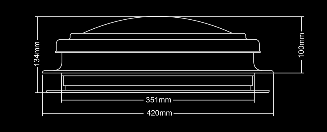Roof vent fan front dimension drawing 420mm width 134mm total height 100mm body height 351mm cutout