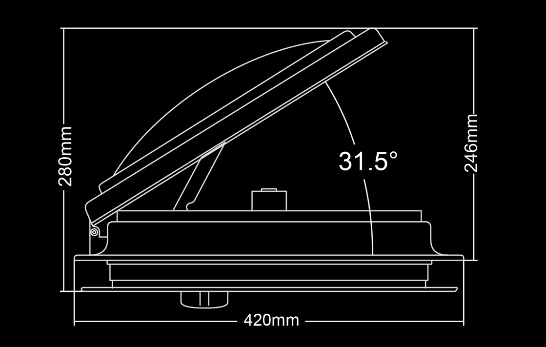 Roof vent fan side dimension drawing 420mm width 280mm open height 246mm closed height 31.5 degree opening angle