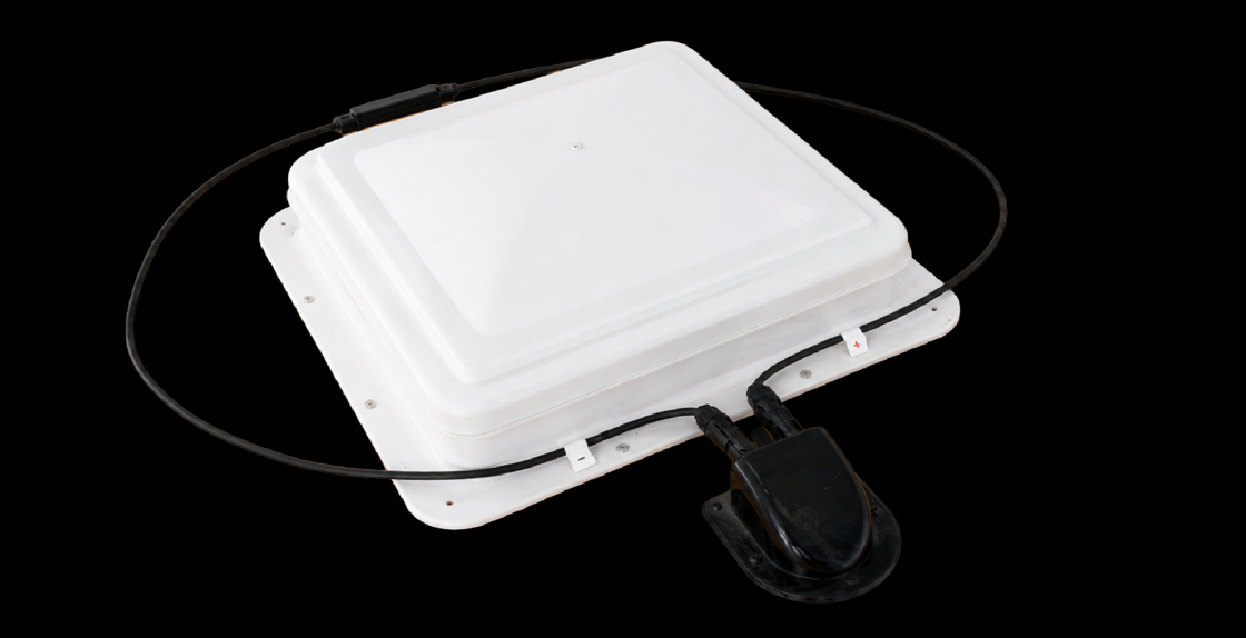 White roof vent fan product view showing wiring harness and waterproof cable gland connector
