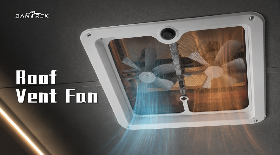 BANTREK roof vent fan with dual fans showing blue intake and orange exhaust airflow