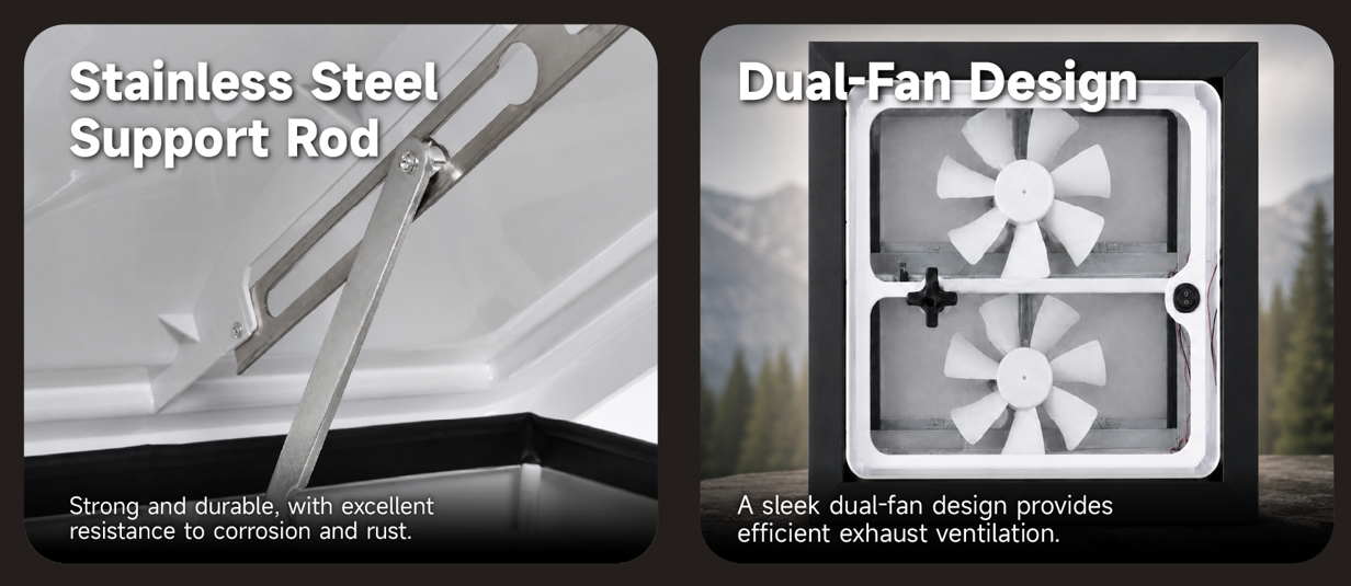 Stainless steel support rod corrosion resistant and dual-fan design provides efficient exhaust ventilation