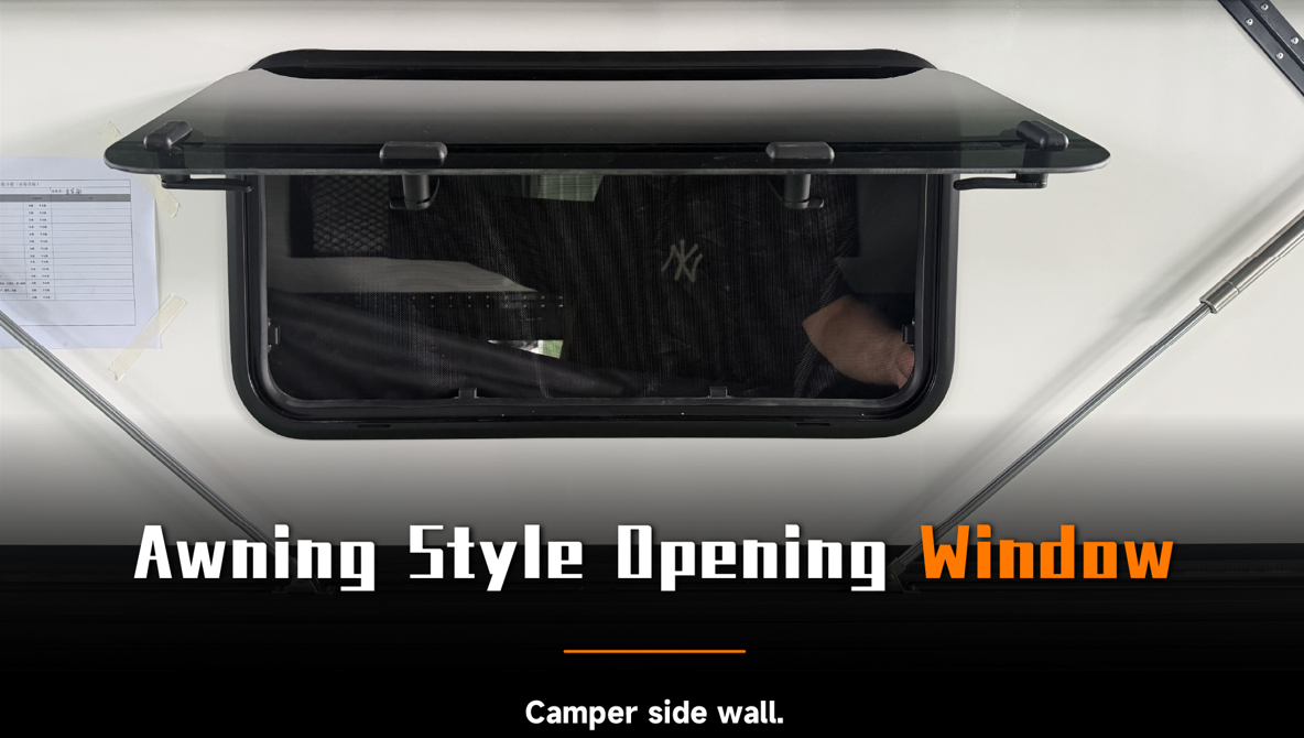BANTREK awning style opening window top-hinged on camper side wall with mesh screen
