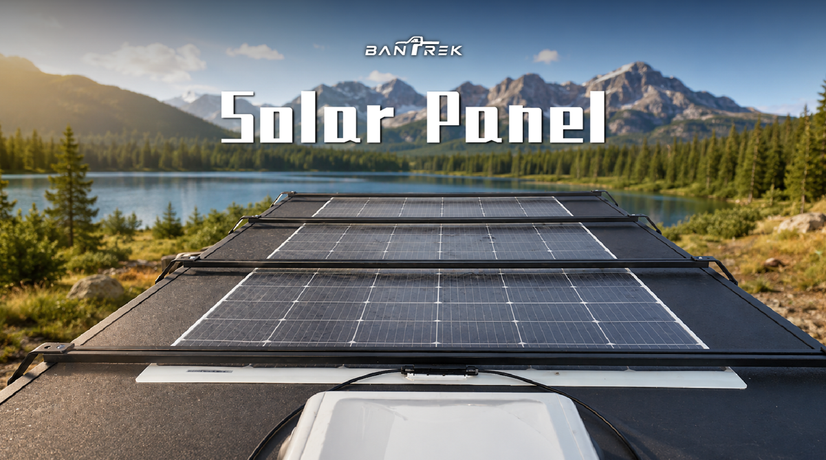 BANTREK solar panel installed on vehicle roof overlooking mountain lake