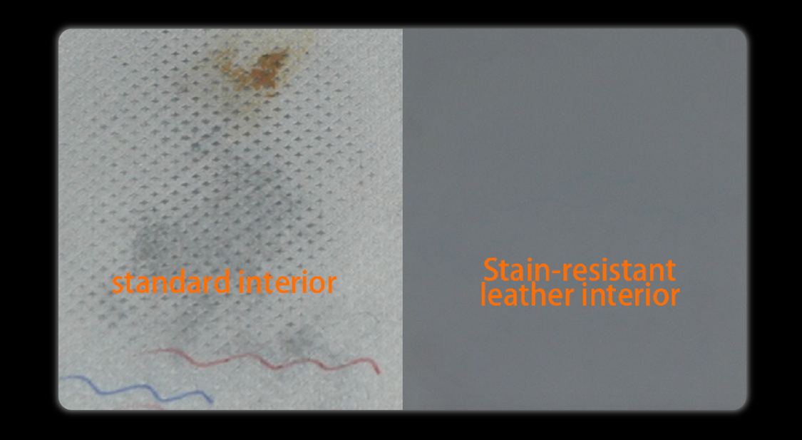 Comparison of standard interior fabric with stains versus stain-resistant leather interior clean smooth surface