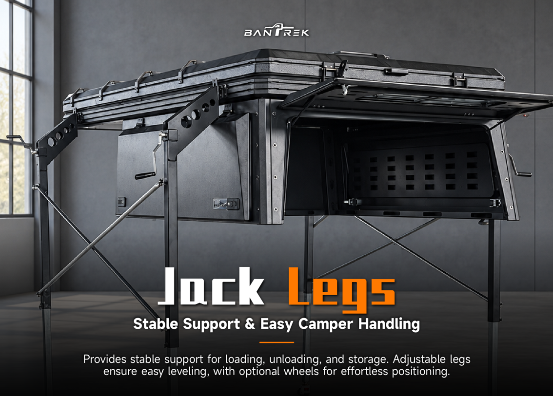 BANTREK camper shell standing on adjustable support jack legs in warehouse