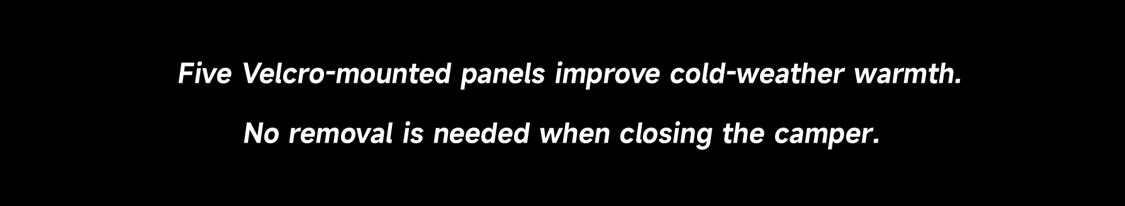 Five Velcro-mounted panels improve cold-weather warmth no removal needed when closing the camper