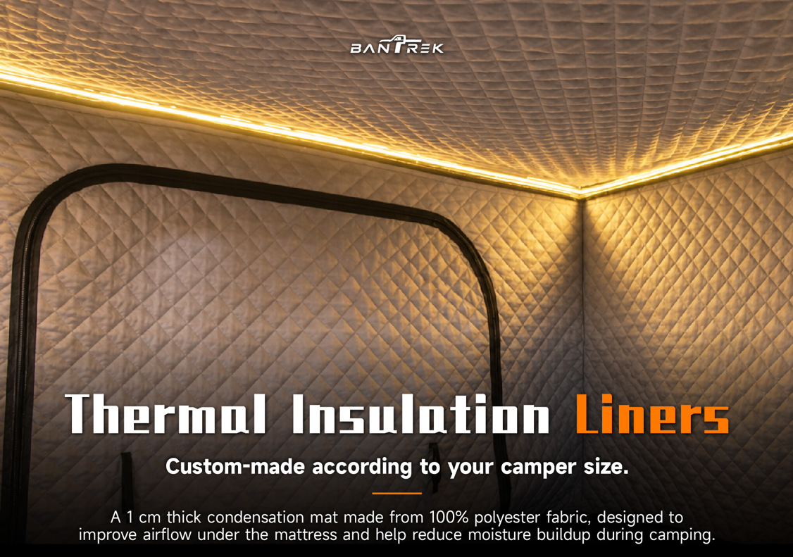 BANTREK thermal insulation liner installed on camper interior walls and roof with warm LED lighting
