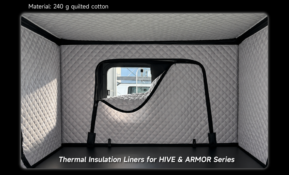 Thermal insulation liners installed on HIVE and ARMOR Series camper interior showing Velcro-mounted door panel