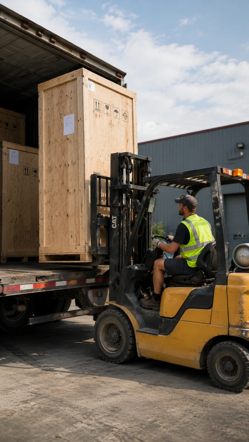 Forklift unloading crated Bantrek campers from a delivery truck