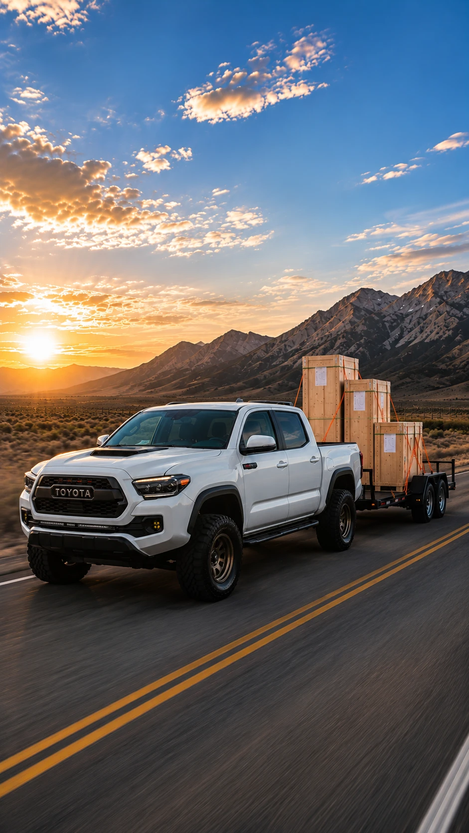 Pickup truck towing a trailer with crated Bantrek campers