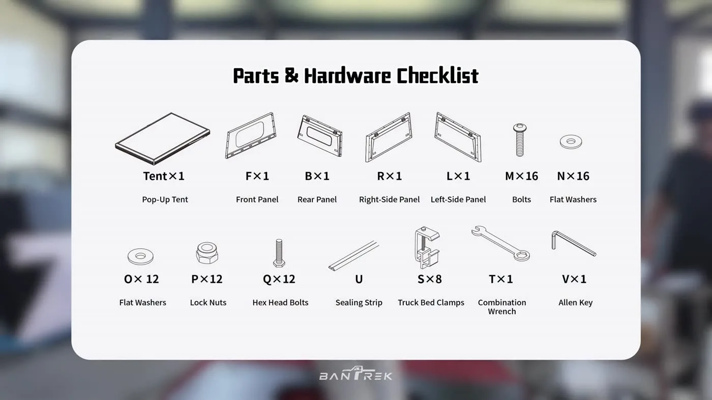 Parts and hardware checklist with labelled line drawings of every panel, bolt and tool