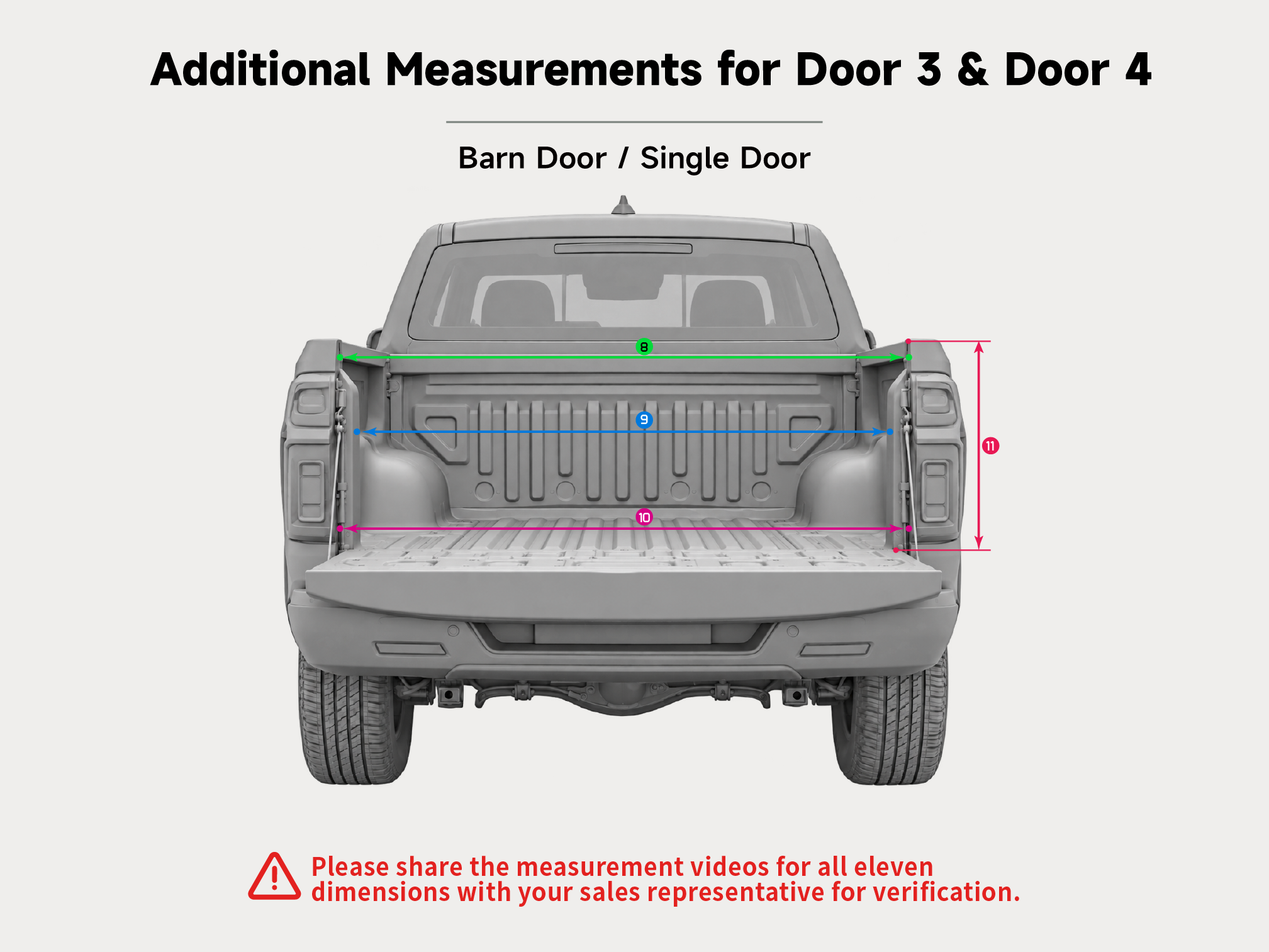 Additional measurements for Door 3 and Door 4 — bed rail width, tailgate opening, and side height