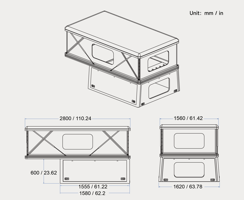 Camper drawings with dimensions in millimetres