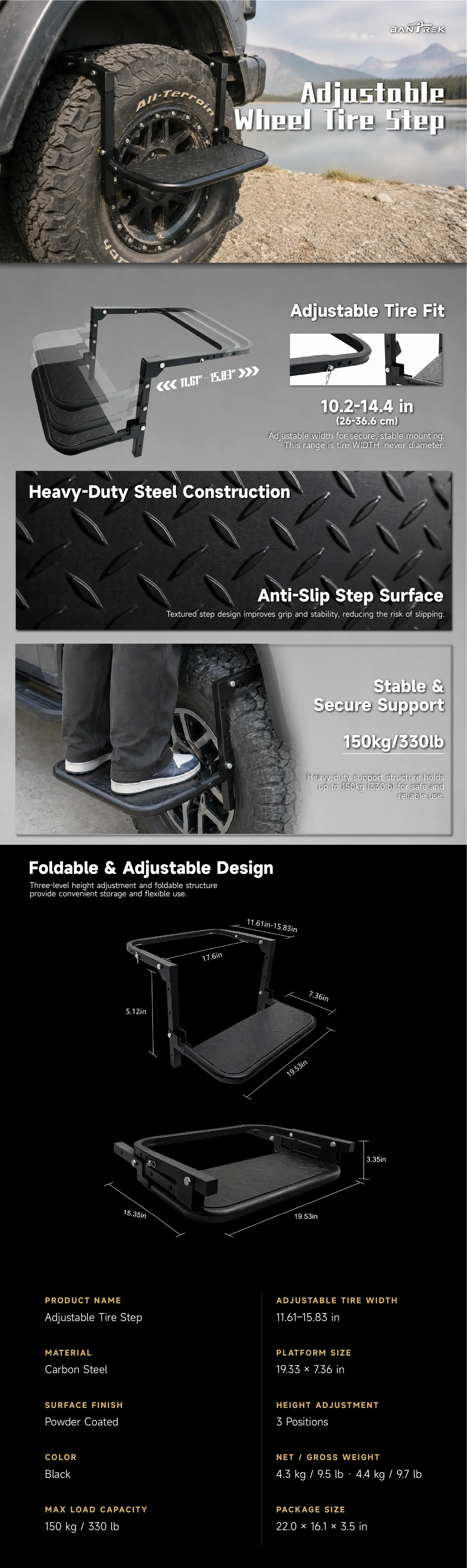 BANTREK adjustable wheel tire step — full product overview